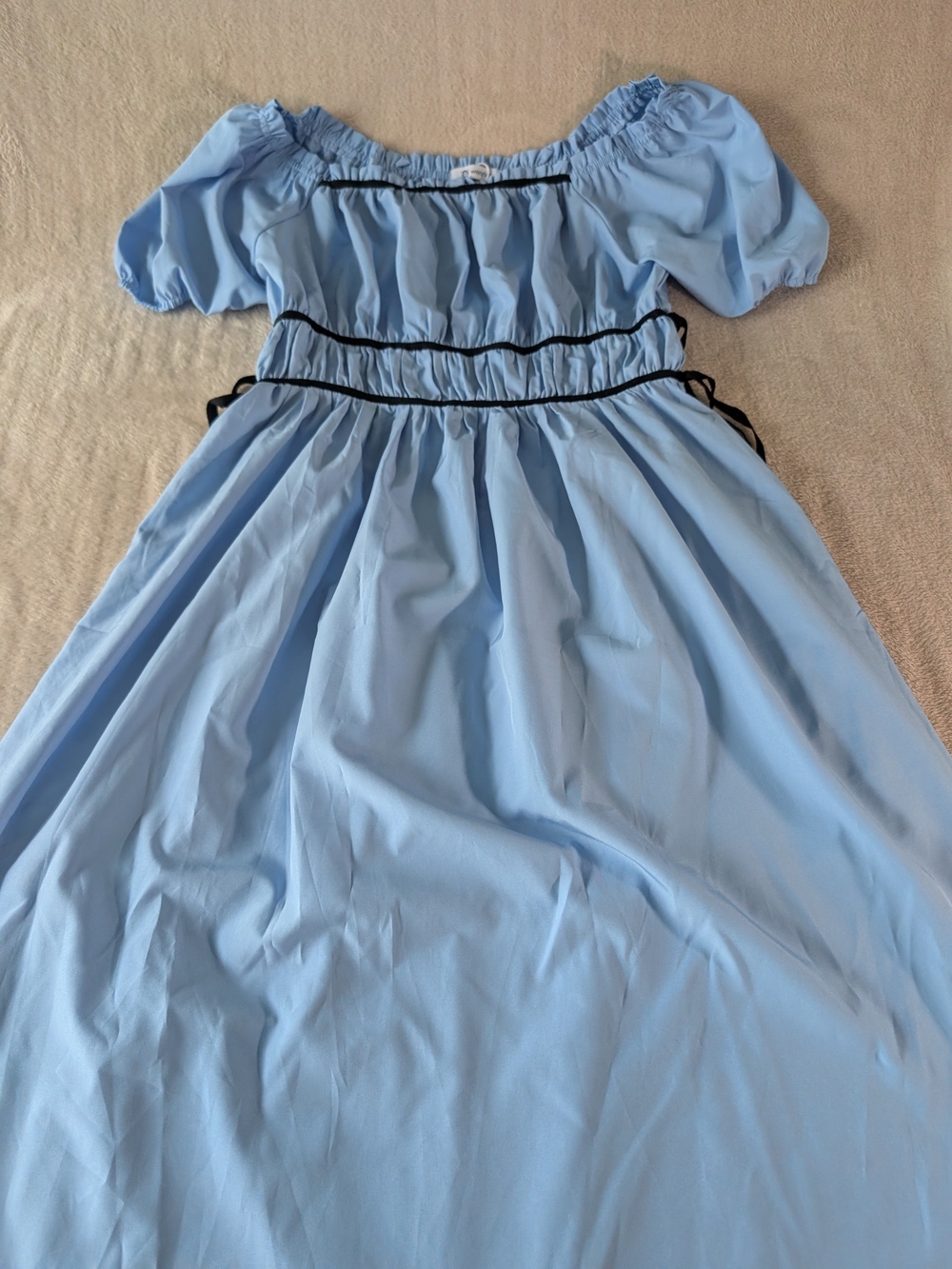 Light Blue Off-Shoulder Maxi Dress with Black Trim